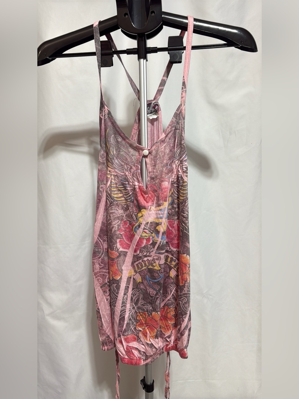 Women’s Pink Graphic Print Strappy Tank Top Y2K Boho Festival Floral